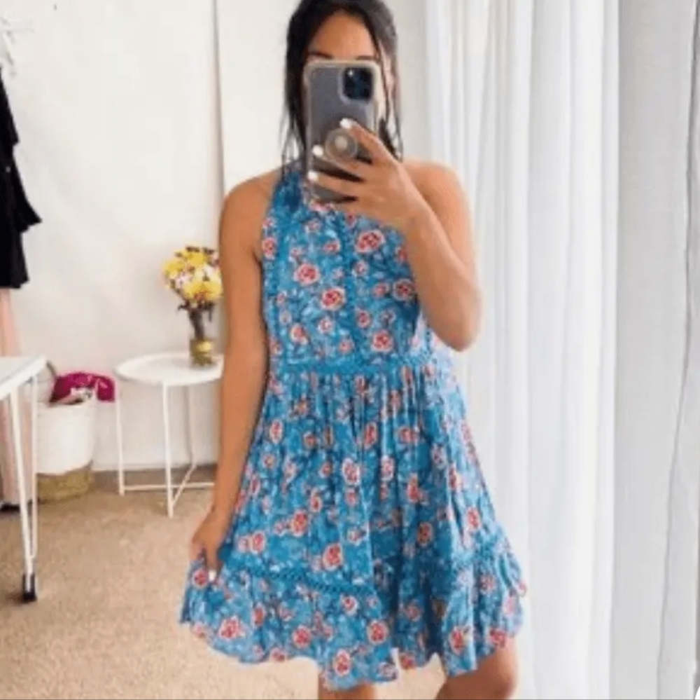 💟 Sunday Mi Amor Floral Open Back Mini High Neck Dress Blue Small